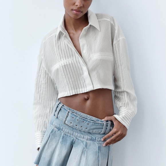 NWT Zara striped cropped button down shirt - Picture 1 of 6